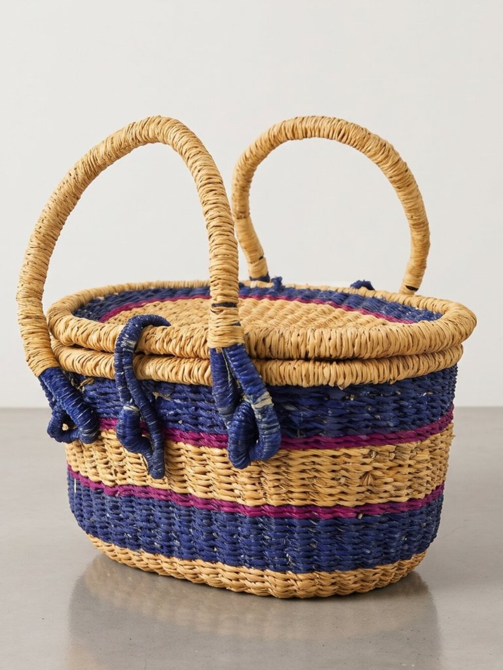 VTG Globebin Hand Woven Artisan Picnic Basket Bolga Del Ray Style